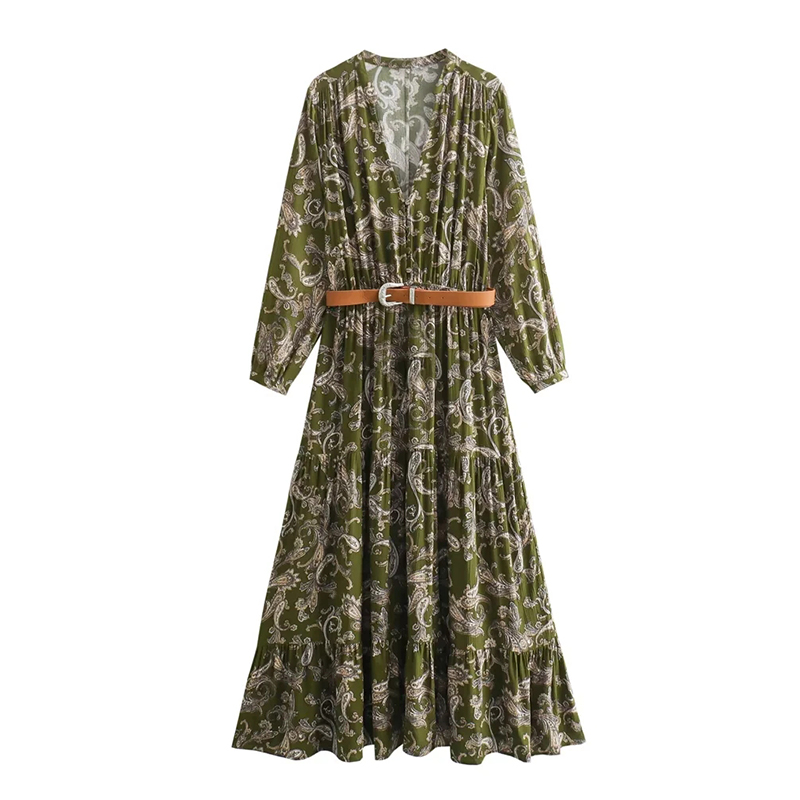 Fashion Green Polyester Printed Belted Pleated Maxi Skirt
