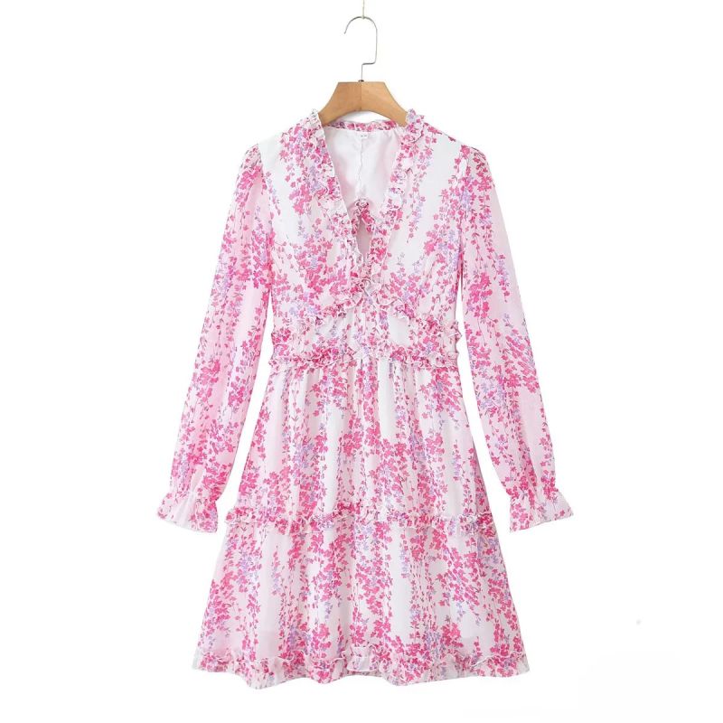 Fashion Pink Flower Chiffon Printed Skirt