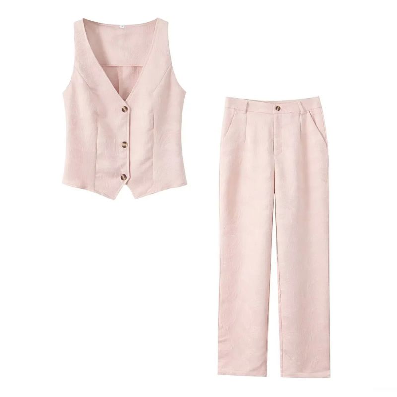 Fashion Pink Polyester Jacquard Vest Straight-leg Trousers Suit