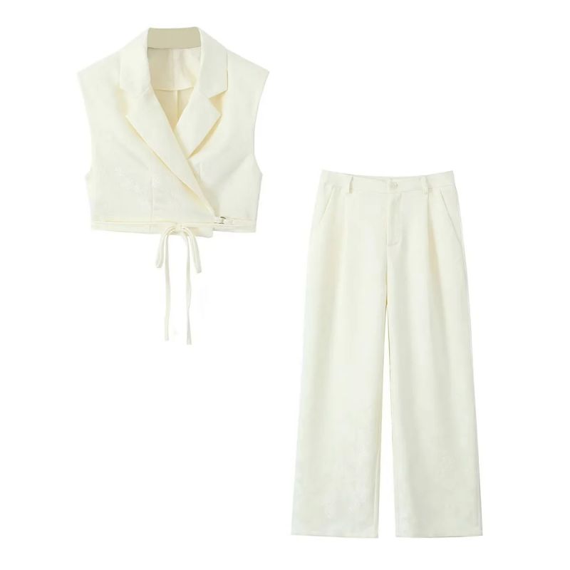 Fashion Off-white Polyester Lapel Lace-up Vest Straight-leg Trousers Suit