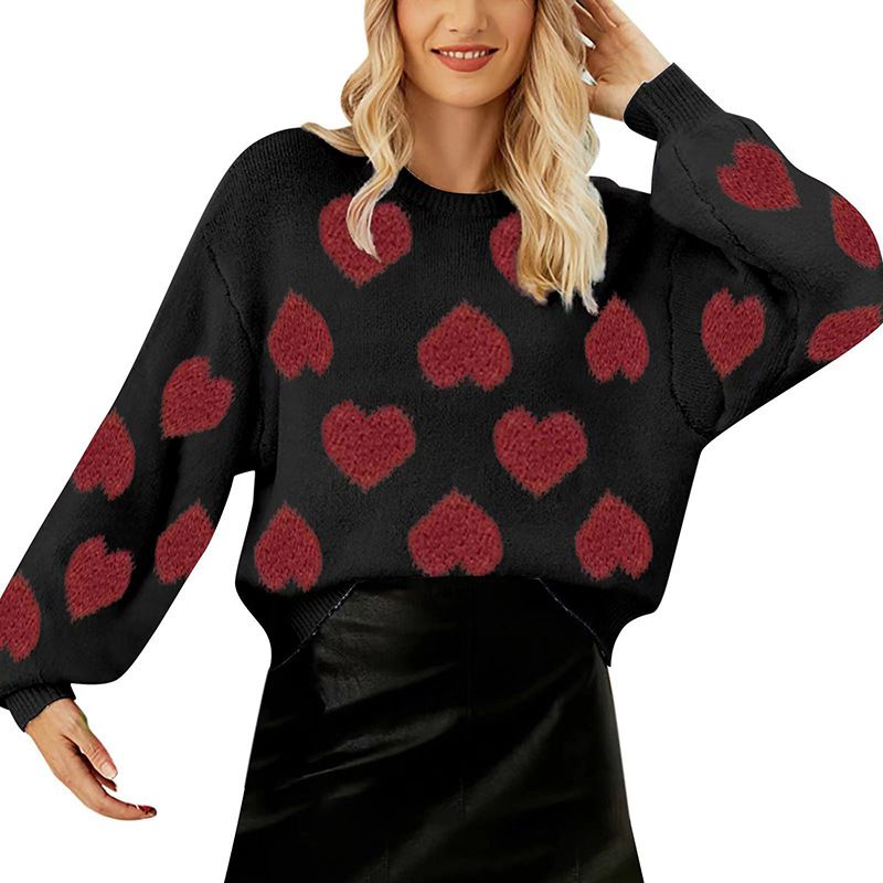 Fashion Black Valentine Sweater Acrylic Love Knitted Crew Neck Sweater