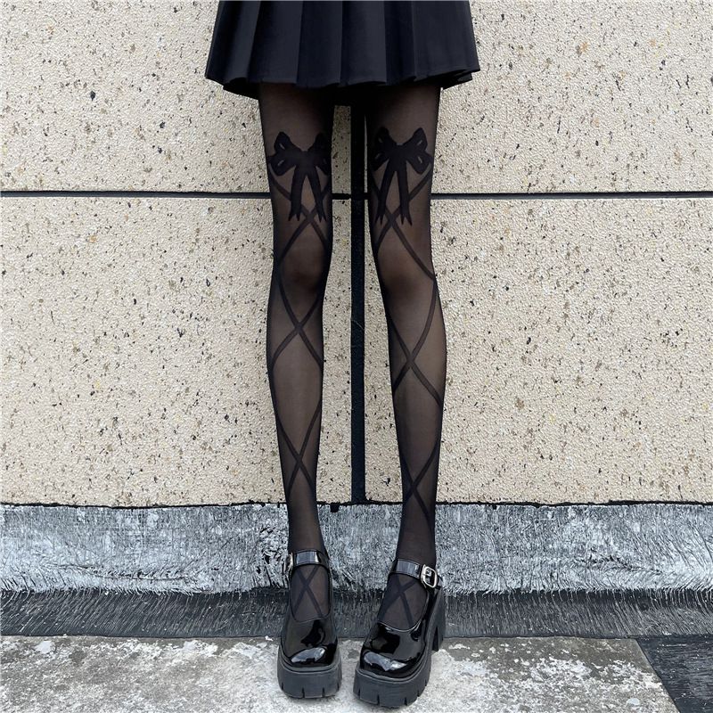 Fashion Cross Strap-black Corespun Jacquard Stockings