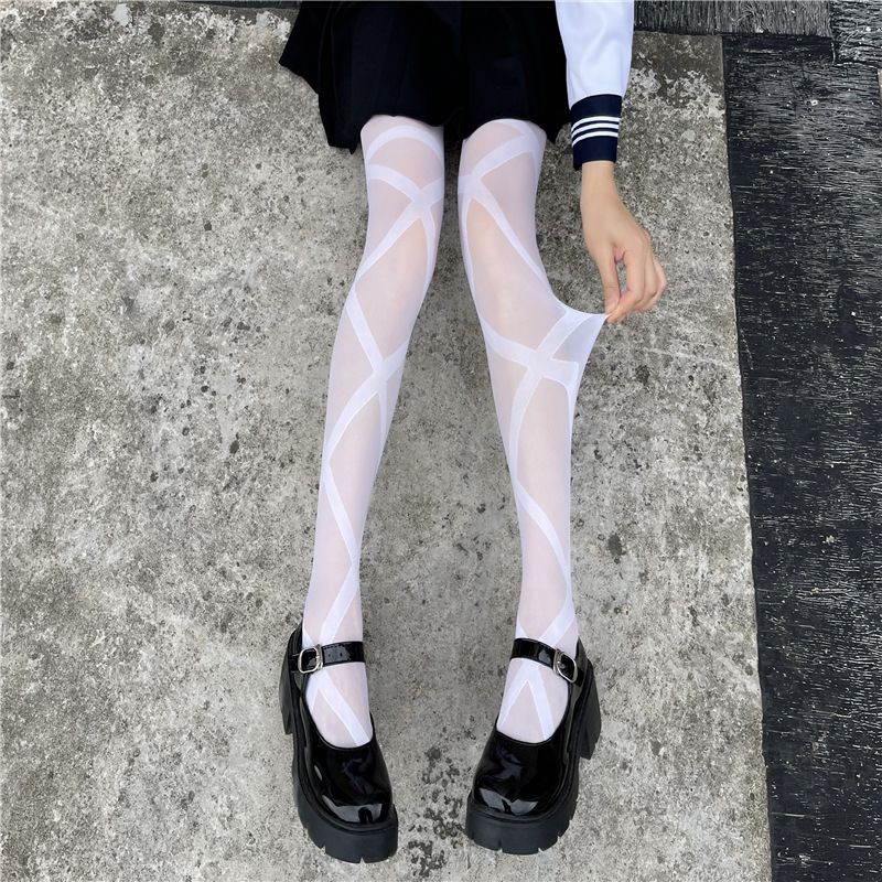 Fashion Cross Strap-white Corespun Jacquard Stockings