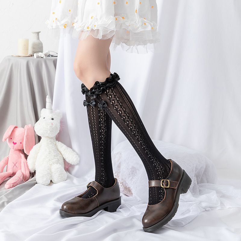 Fashion Jk Butterfly Socks-black Nylon Jacquard Lace Calf Socks