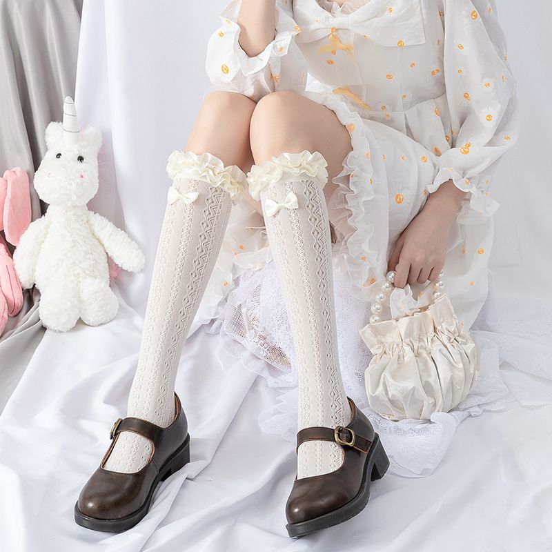 Fashion Jk Butterfly Socks-white Nylon Jacquard Lace Calf Socks