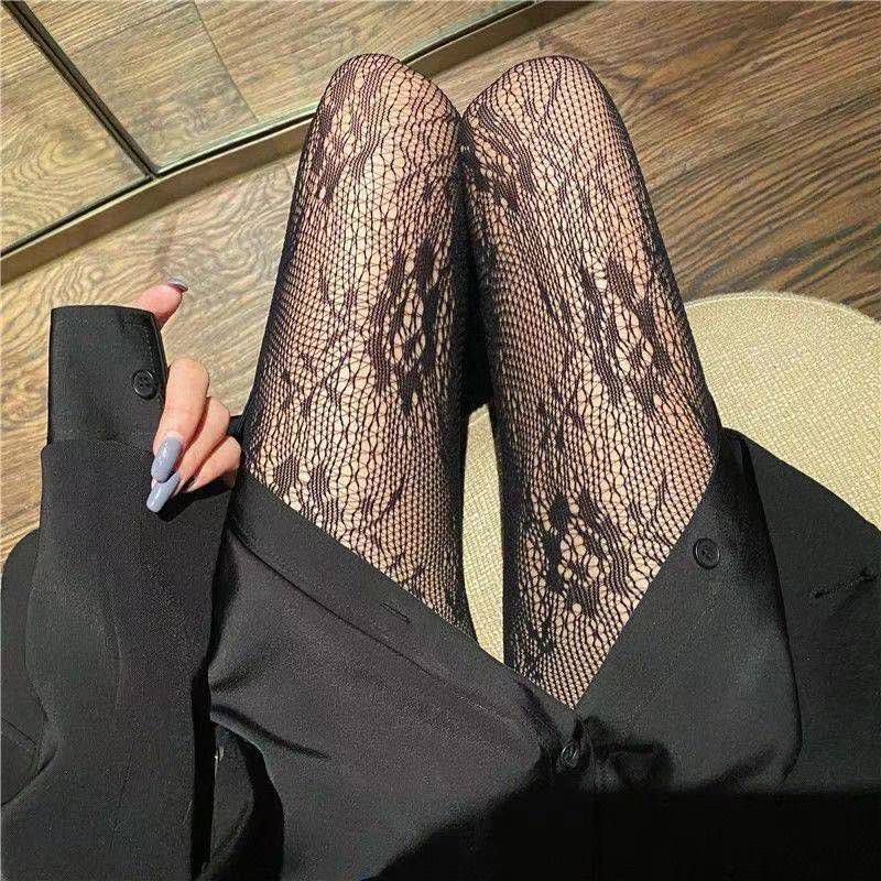 Fashion Rose Net-black Corespun Jacquard Stockings