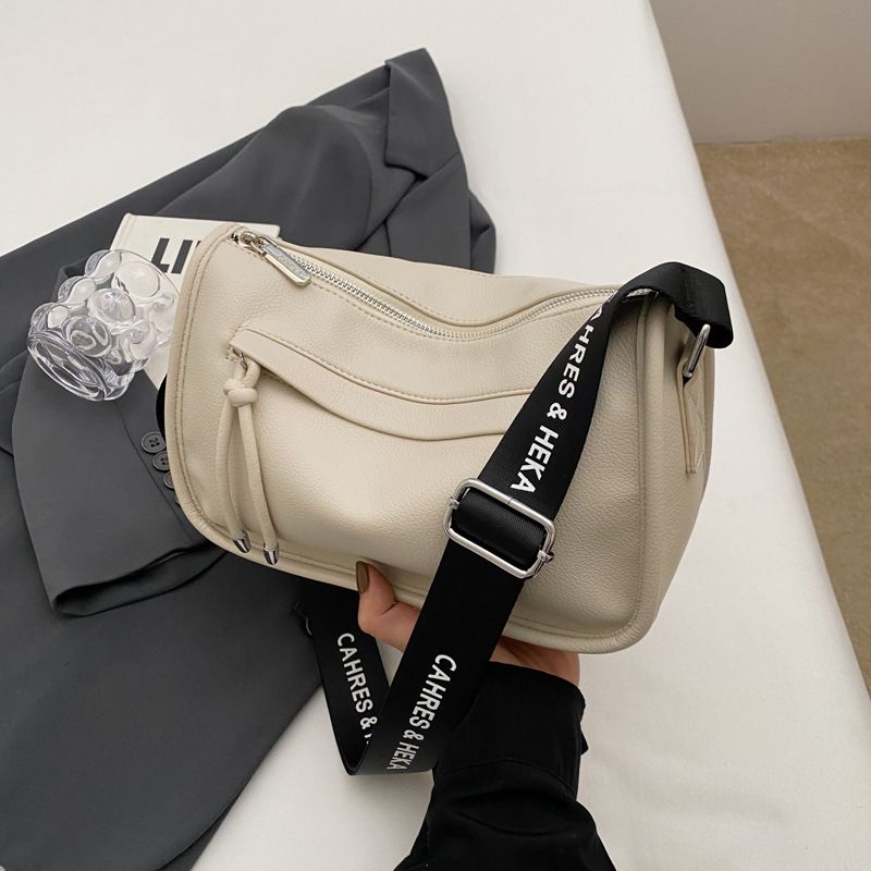 Fashion Beige Pu Wide Shoulder Strap Large Capacity Crossbody Bag