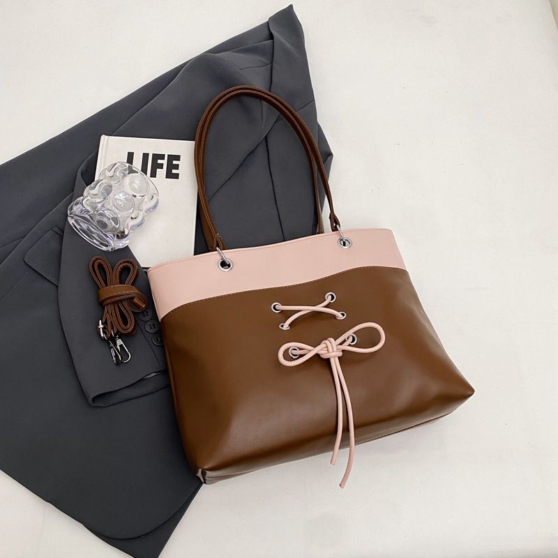 Fashion Brown Contrast Color Stitching Large Capacity Shoulder Bag