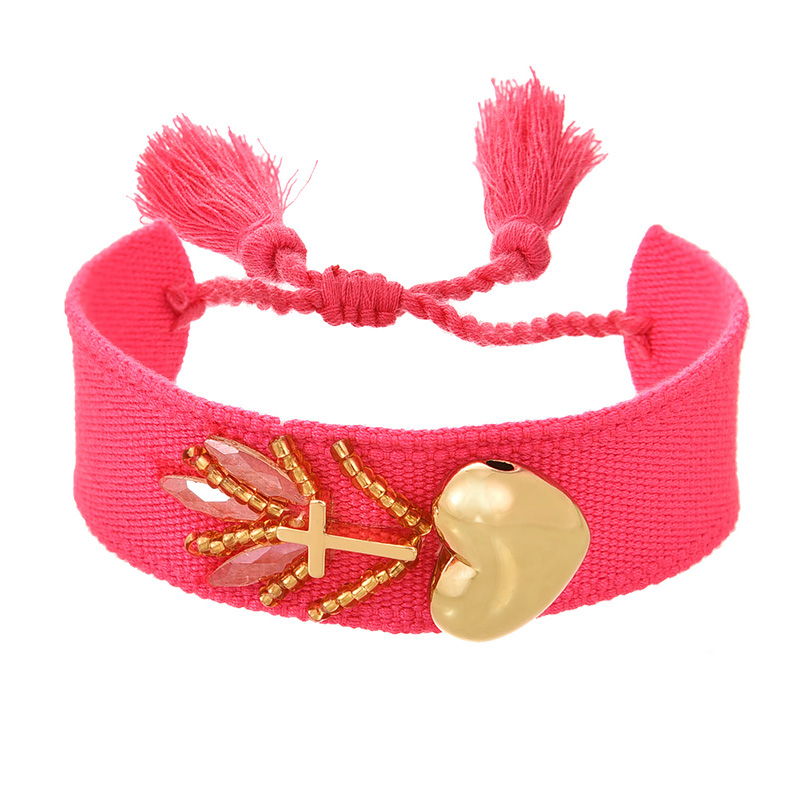 Fashion Rose Red Copper Love Rice Beads Fabric Braided Tassel Bracelet