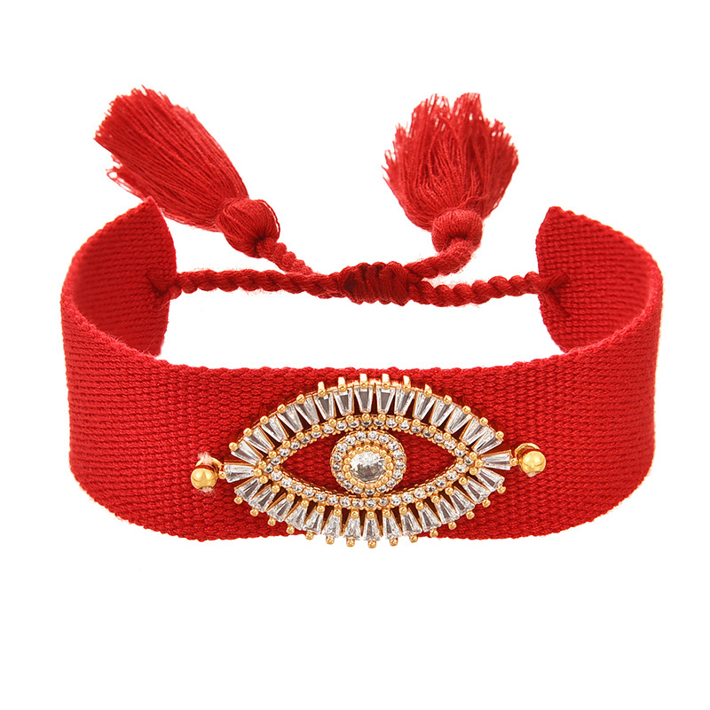 Fashion Red Copper Inlaid Zirconia Eyes Fabric Braided Tassel Bracelet