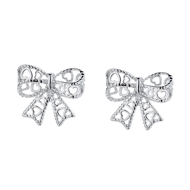 Fashion Hollow Bow Earrings (white Gold With Earplugs) Copper Hollow Lace Bow Stud Earrings