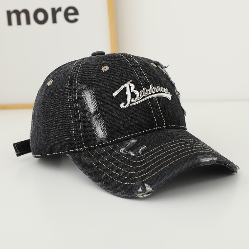 Fashion Black Lettered Washed Denim Baseball Cap