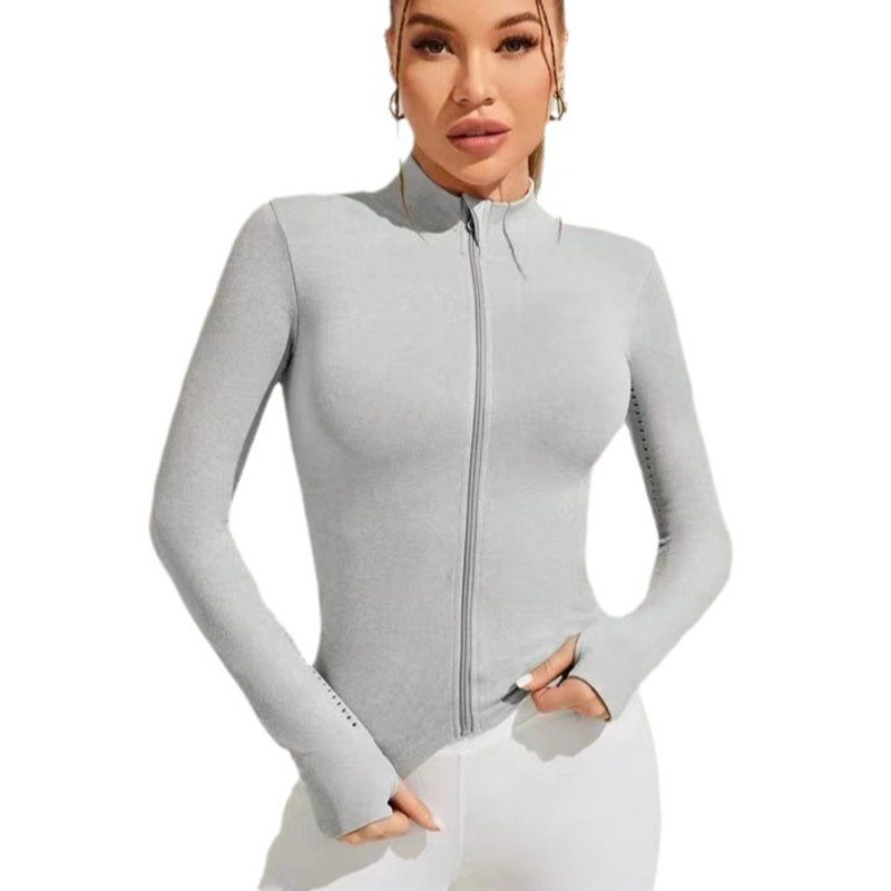 Fashion Light Grey Zippered Stand Collar Long Sleeve Yoga Jacket