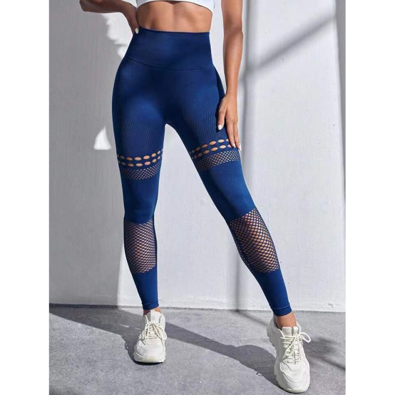 Fashion Navy Blue Nylon Hollow Mesh Quick-drying High-waisted Yoga Pants