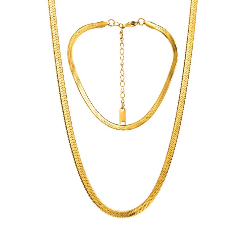 Fashion Gold Stainless Steel Snake Bone Chain Bracelet Necklace Set