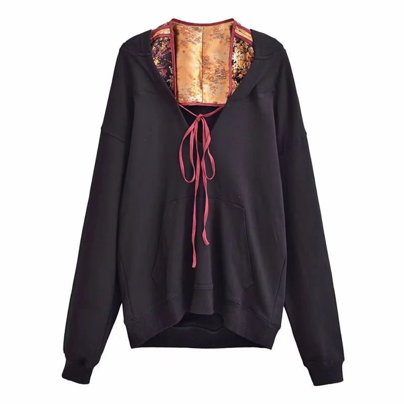 Fashion Black Polyester Embroidered Lace-up Patchwork Sweatshirt