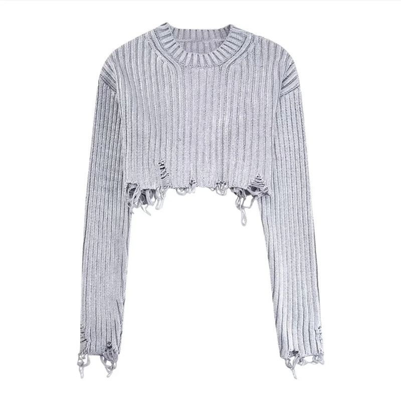 Fashion Silver Metallic Knit Ripped Sweater