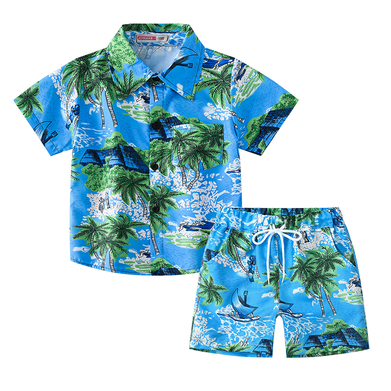 Fashion 3 Green Coconut Trees Polyester Printed Lapel Lace-up Short-sleeved Boxer Shorts Kids Set