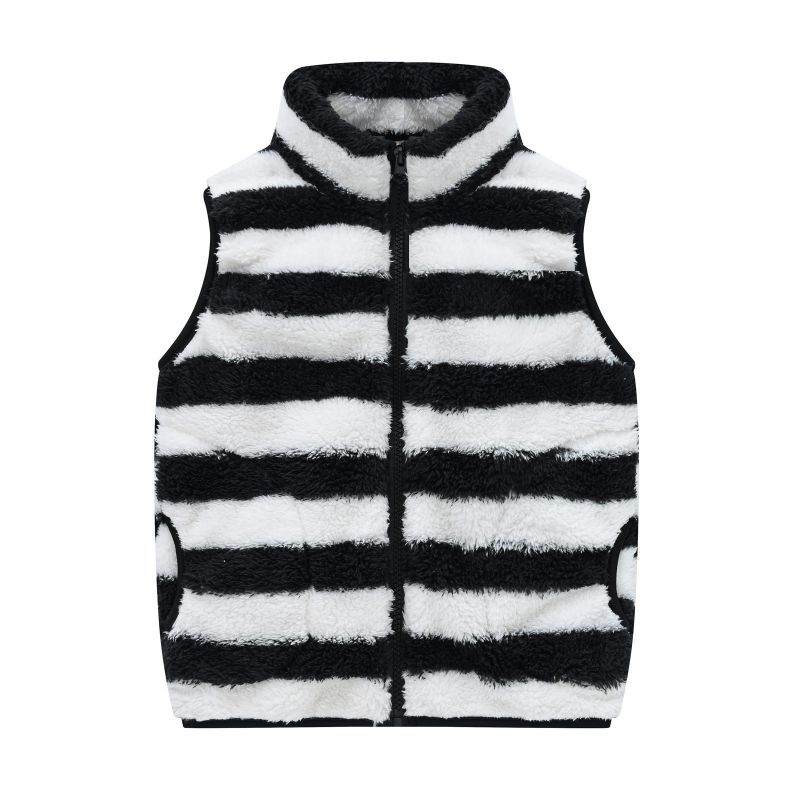 Fashion 21 Black Stripes Plush Pocket Stand Collar Childrens Vest Jacket