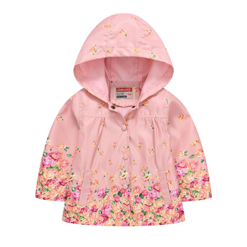 Fashion 1 Pink Flower Polyester Printed Hooded Buttoned Childrens Jacket