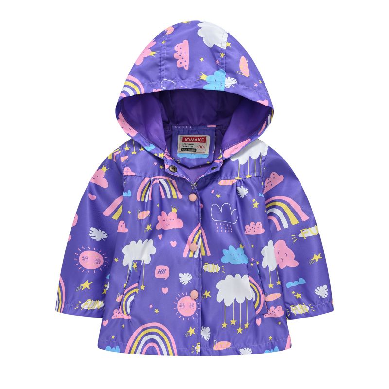 Fashion 7 Purple Rainbow Polyester Printed Hooded Buttoned Childrens Jacket
