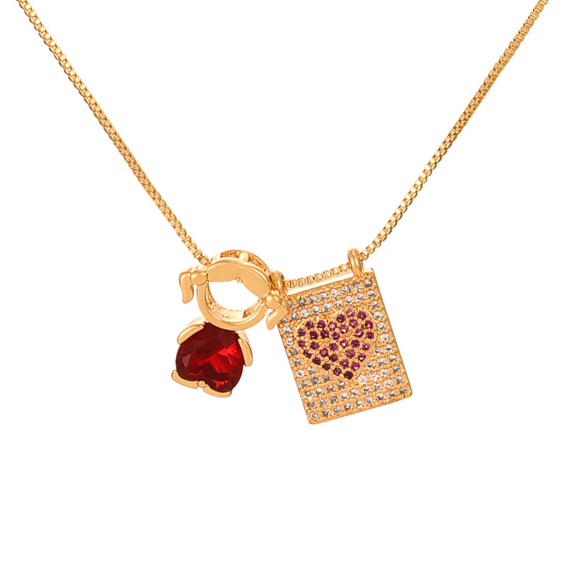 Fashion Red Copper Inlaid Zircon Girls Square Love Pendant Necklace