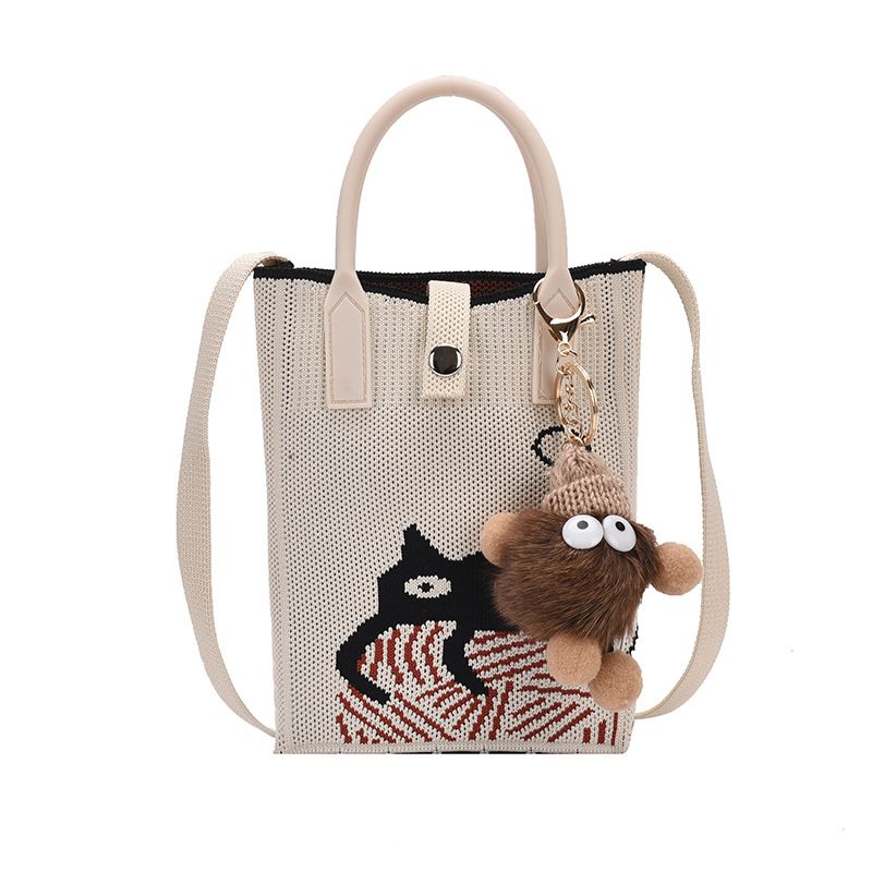Fashion White Cat Polyester Printed Knitted Large Capacity Crossbody Bag
