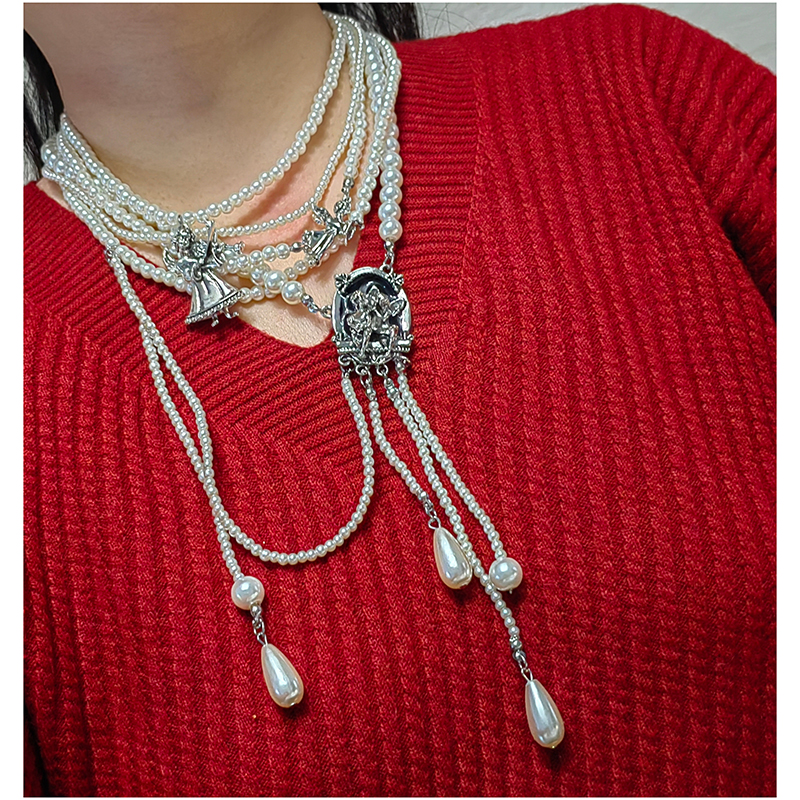 Fashion Silver Metal Pearl Beads Geometric Angel Multilayer Necklace
