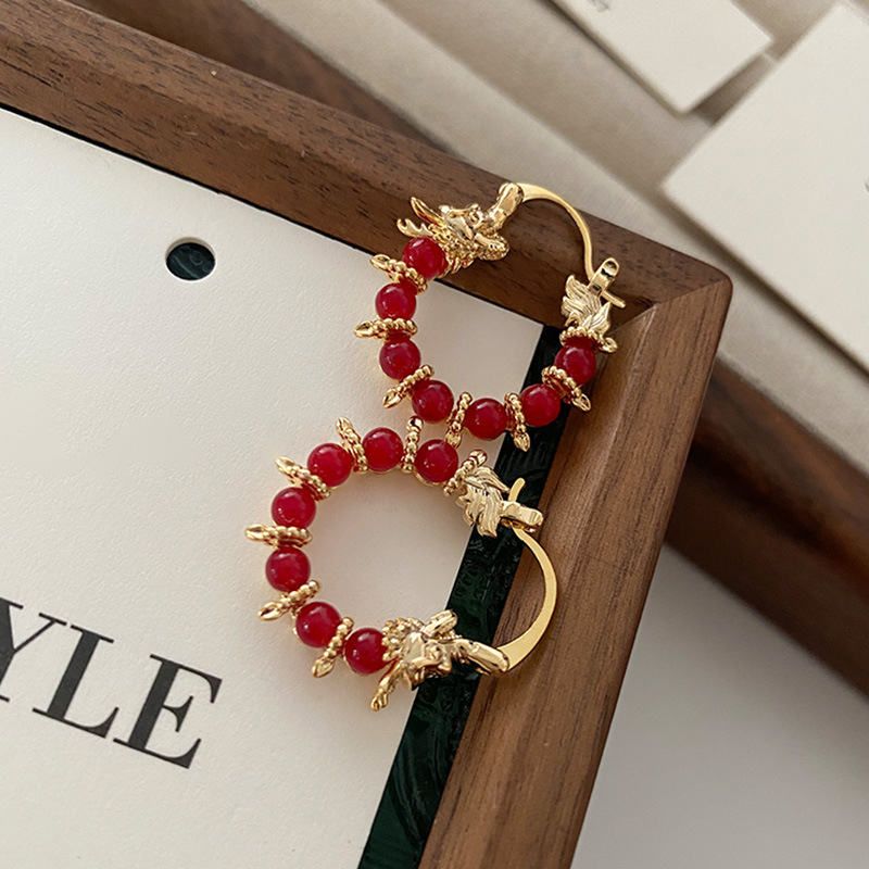 Fashion New Year Red Copper Geometric Beaded Dragon Earrings