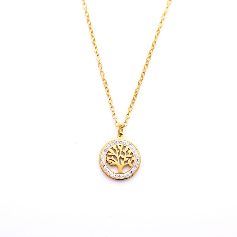 Fashion Gold Stainless Steel Diamond Tree Of Life Round Necklace