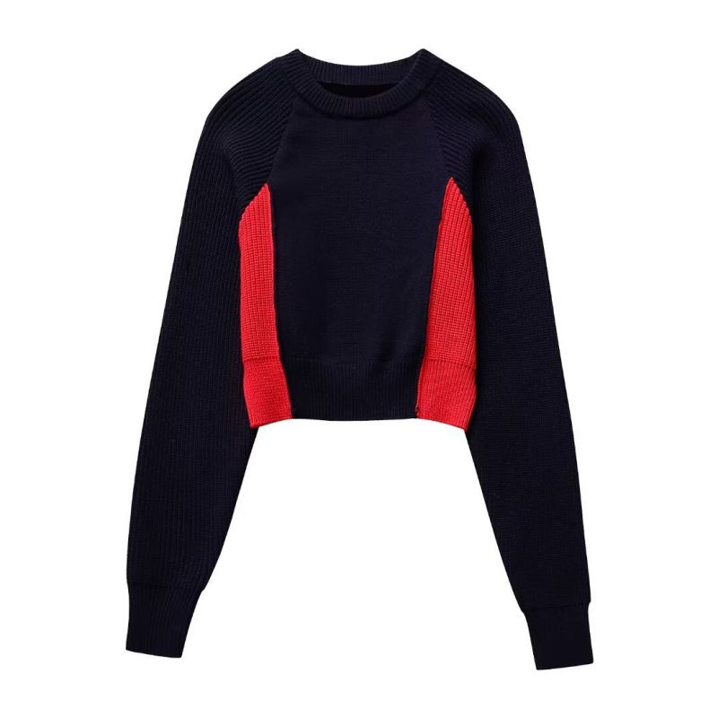 Fashion Navy Blue Colorblock Long-sleeved Crew Neck Knitted Pullover Sweater