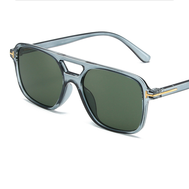 Fashion Transparent Gray Frame Dark Green Film Pc Double Bridge Large Frame Sunglasses