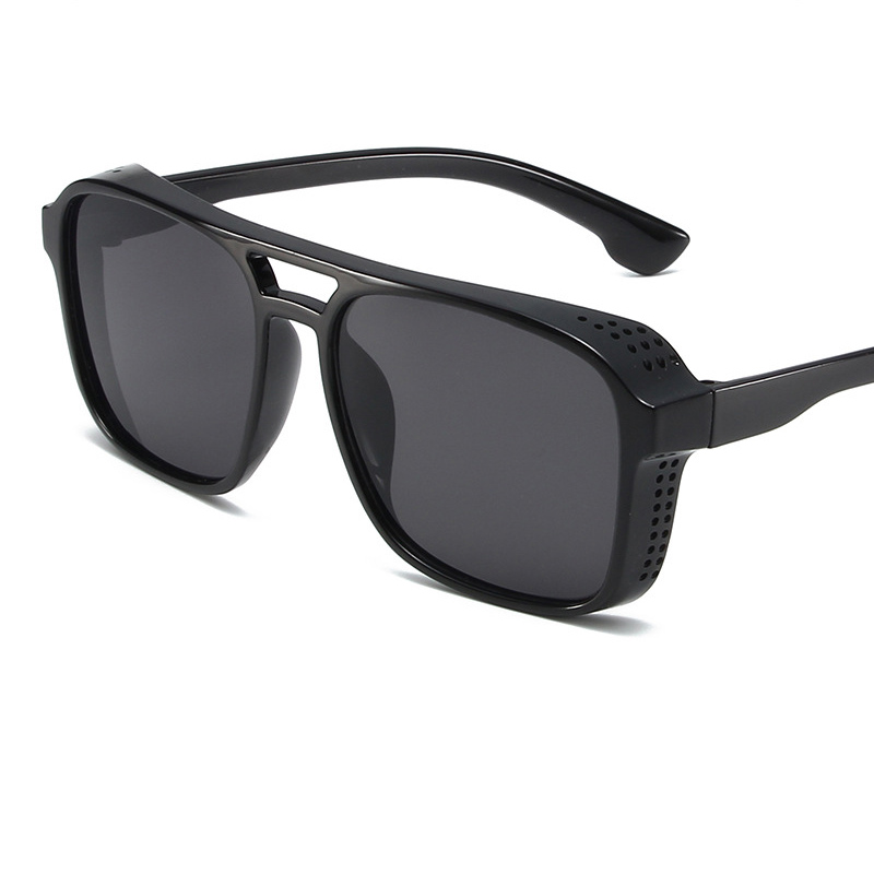 Fashion Glossy Black Framed Gray Film Pc Double Bridge Large Frame Sunglasses