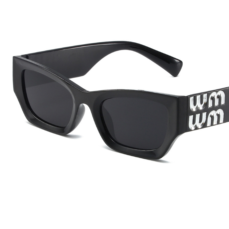 Fashion Glossy Black Framed Gray Film Pc Letter Wide Edge Polygonal Sunglasses