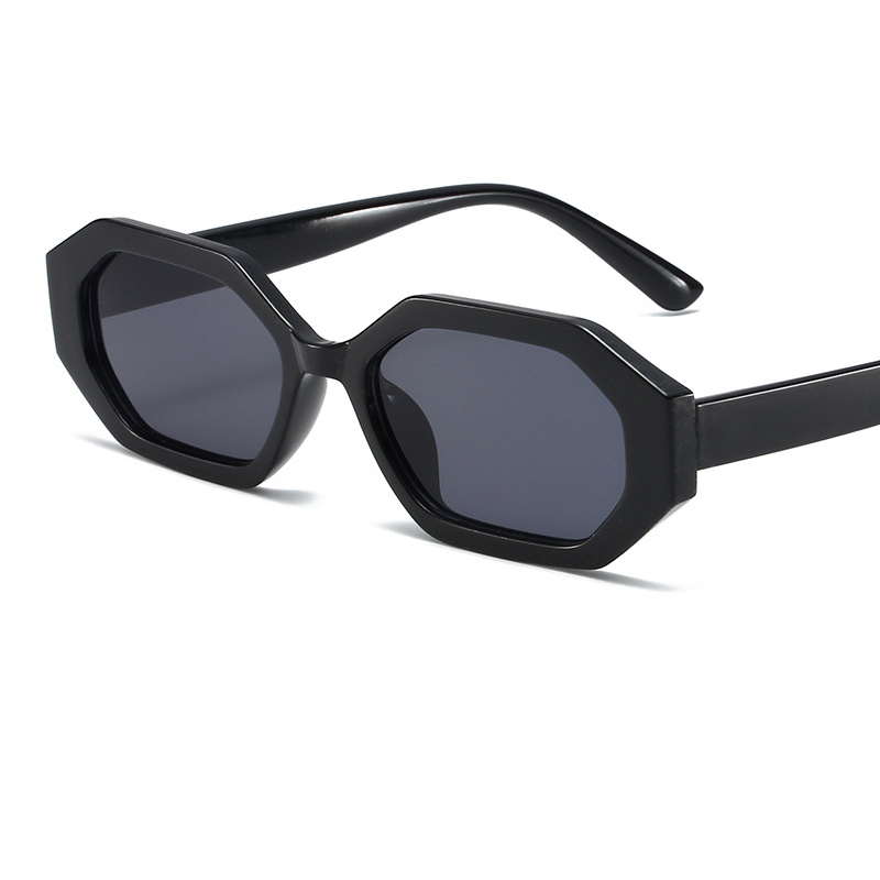 Fashion Glossy Black Framed Gray Film Pc Polygon Small Frame Sunglasses