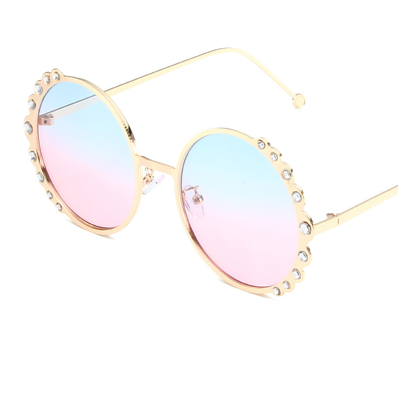 Fashion Gold Frame With Blue Top And Pink Bottom Metal Flower Frame Dot Diamond Round Frame Sunglasses