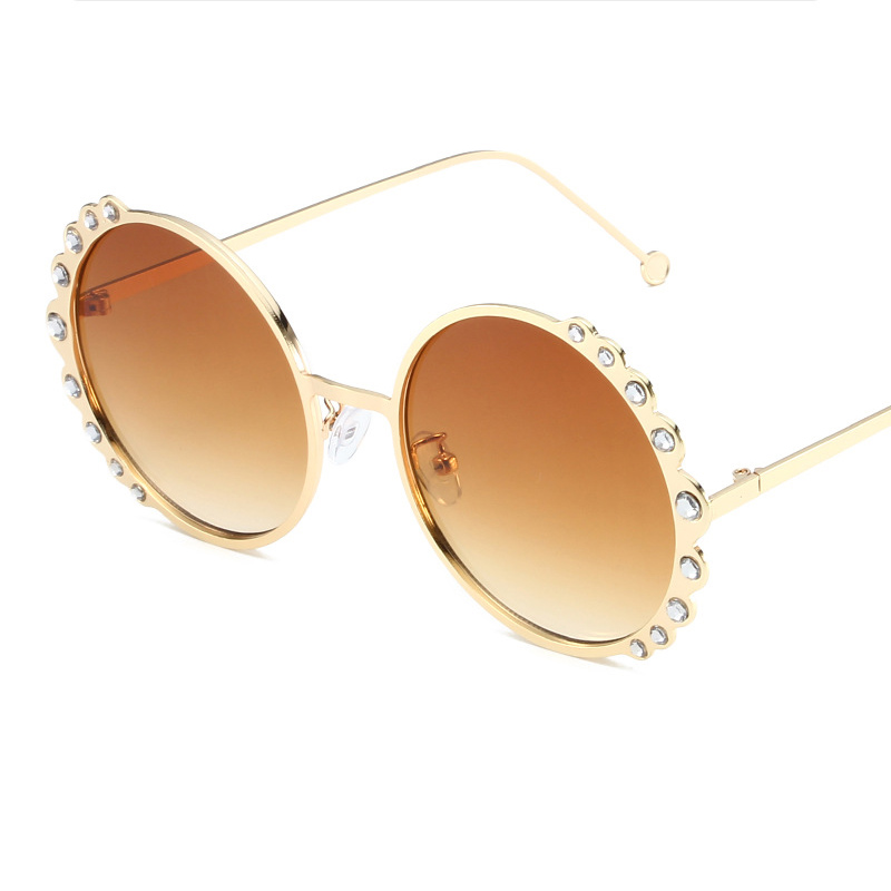 Fashion Golden Frame Tea Slices Metal Flower Frame Dot Diamond Round Frame Sunglasses