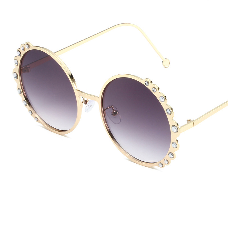Fashion Gold Frame Faded Gray Piece Metal Flower Frame Dot Diamond Round Frame Sunglasses