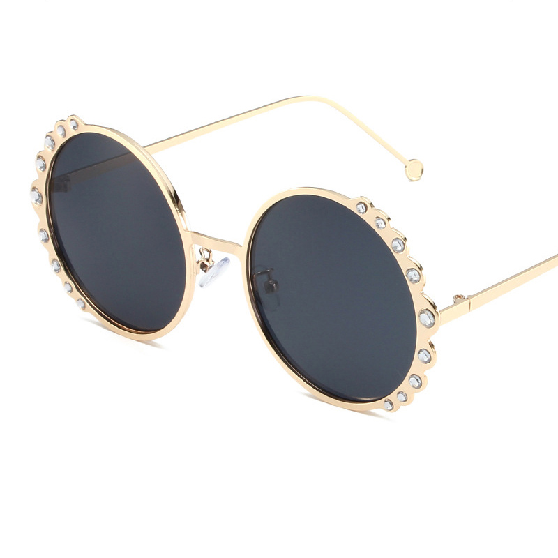 Fashion Gold Frame All Gray Piece Metal Flower Frame Dot Diamond Round Frame Sunglasses