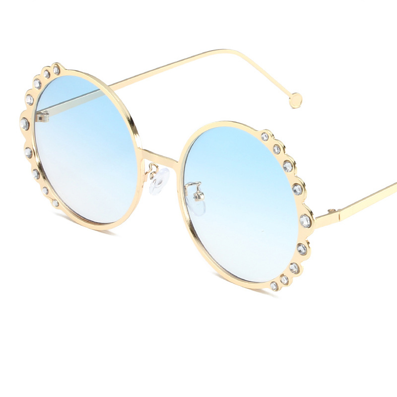 Fashion Gold Framed Blue Chip Metal Flower Frame Dot Diamond Round Frame Sunglasses