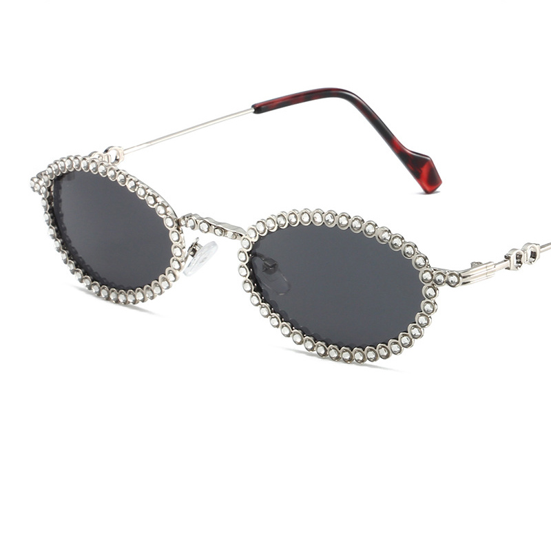 Fashion Silver Frame Leopard Print Leg Gray Piece Metal Diamond Oval Sunglasses