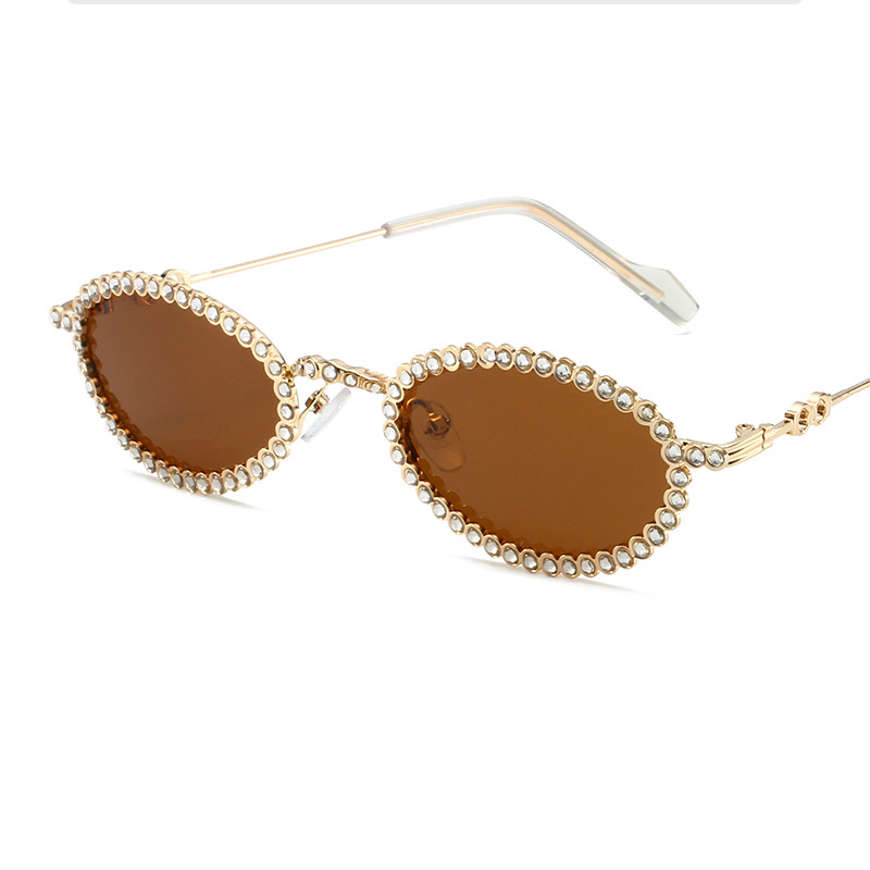 Fashion Gold Frame Tea Slices Metal Diamond Oval Sunglasses