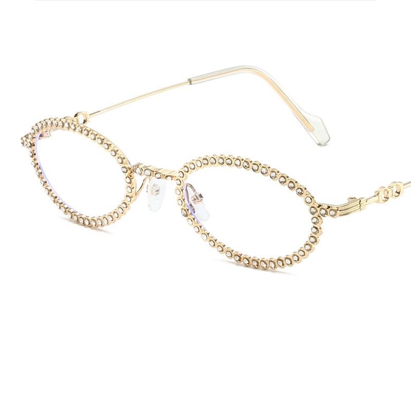 Fashion Gold Frame Blu Ray Metal Diamond Oval Sunglasses