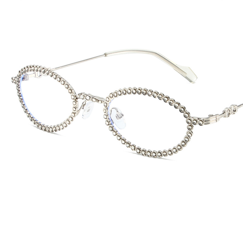 Fashion Silver Frame Transparent Leg Blue Light Film Metal Diamond Oval Sunglasses