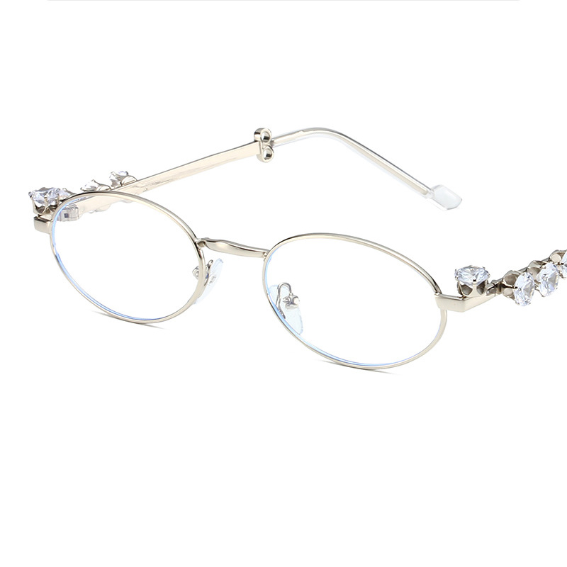 Fashion Silver Frame Blu Ray Film Metal Diamond Oval Small Frame Sunglasses