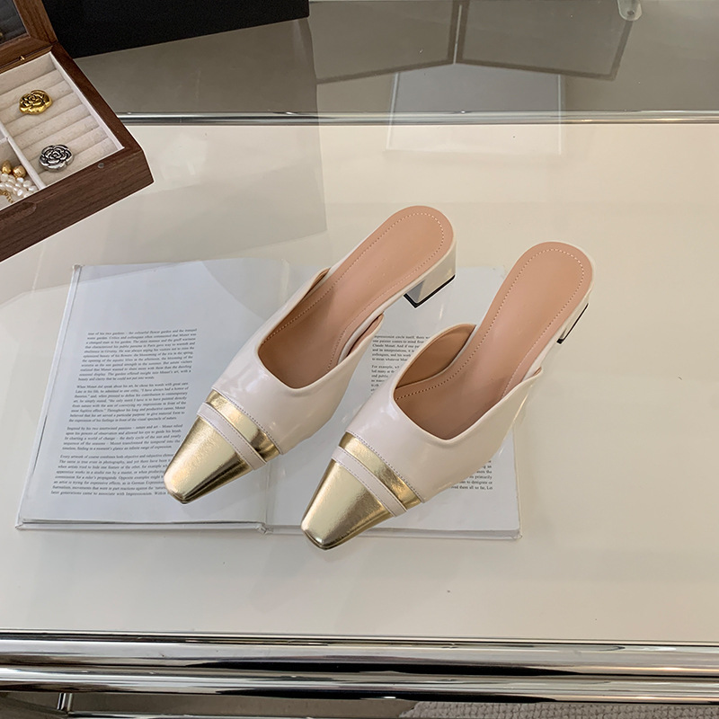 Fashion Apricot Colorblock Pointed Toe Mid-heel Half Drag