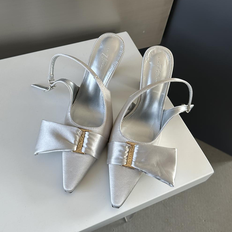Fashion Silver Satin Bow Metal Buckle Stiletto Sandals
