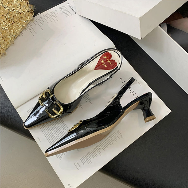 Fashion Black Pointed-toe Patent Leather High-heeled Sandals
