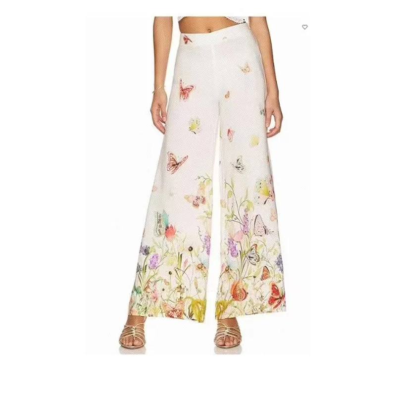 Fashion White Polyester Butterfly Print Wide Leg Trousers