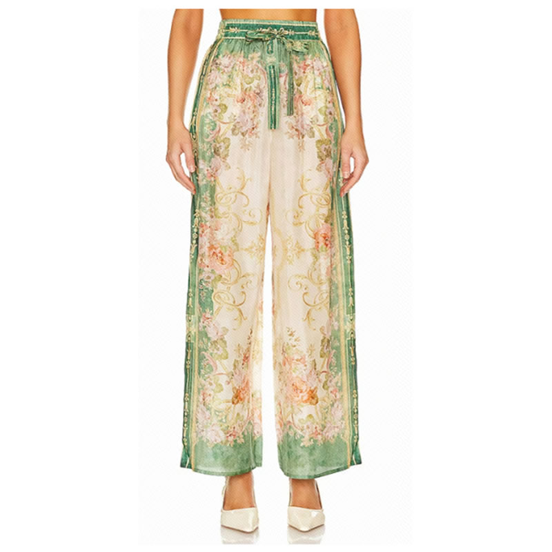 Fashion Green Polyester Printed Wide Leg Trousers